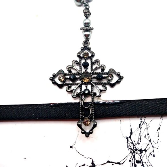 Black Metal Cross On Black Beaded Chain Necklace 20" - Picture 5 of 6